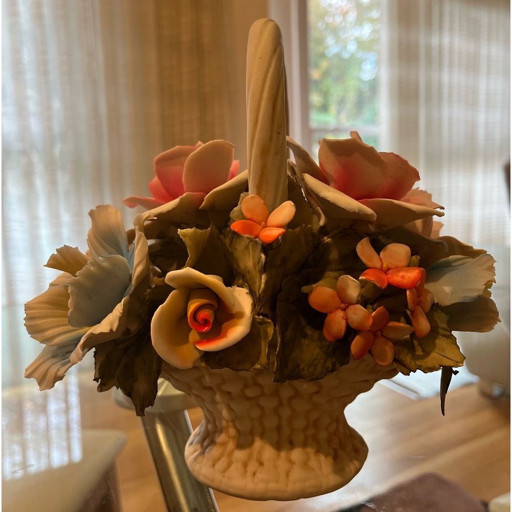Vintage Capodimonte Porcelain Flower Roses Basket